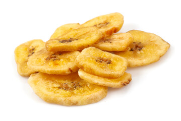 Banana chips isolated on white background. Healthy alternative snack.