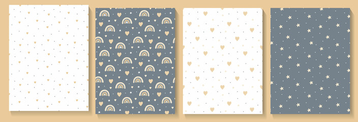Set of seamless patterns with cute heart and rainbows, stars