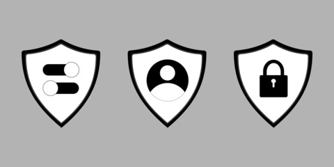 User profile privacy or authentication shield icon, secure personal data sign, account safety.  
Protection, safety, password security vector icon illustration.