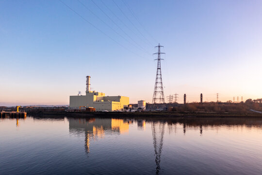 Power station producing energy on the banks of the River Foyle near Derry, Northern Ireland