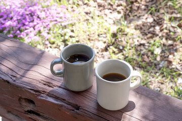 Two cups of coffee are placed outdoors with fallen petals