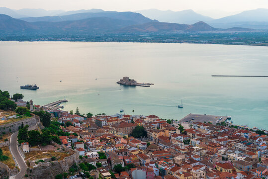 Panoramic view the fortress of Palamidi, scenery of Bourtzi castle at Nafplio town Greece, Peloponnese