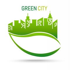 green city on leaf logo. isolated on white background. save nature the world symbol. vector illustration in flat style modern design. sustainable and environmental friendly concept.
