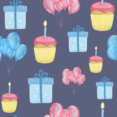 Seamless pattern of with Happy Birthday's cakes, pies, tarts, with candle balloons gifts. background for birthday, gift wrap. Vector illustration, isolated cartoon