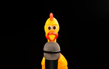 image of microphone rubber chicken dark background