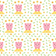 Seamless pattern of piggy bank, golden coins, bars of gold and money flying. Cute pig as a symbol of banking, currency, rich people, financial literacy. Creative idea for marketplaces, stock markets