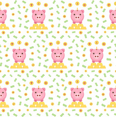 Obraz premium Seamless pattern of piggy bank, golden coins, bars of gold and money flying. Cute pig as a symbol of banking, currency, rich people, financial literacy. Creative idea for marketplaces, stock markets
