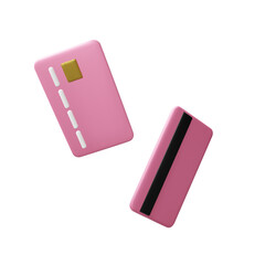 Cartoon style pink flying credit card front and back view. Banking operation. Financial transactions and payments. Credit card for online payment or shopping