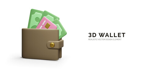 Wallet with paper currency and credit card in realistic cartoon style. 3D purse with green dollars