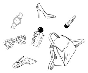 Set of woman accessories, flat lay, monochome vector illustrtaion