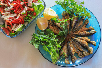 Horse mackerel (Trachurus) fries. Fresh fish.