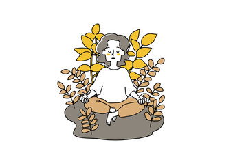 瞑想し自然と同化する女性　マインドフルネスのコンセプトアート　ゆるい線画の人物イラスト