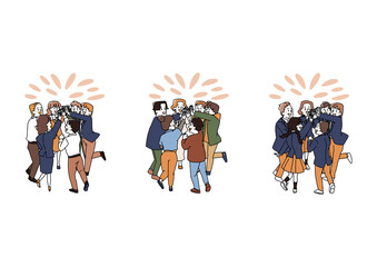 共同作業で成功し喜びを分かち合う人々のセット　オフィスカジュアル、フォーマル、学生のバリエーション