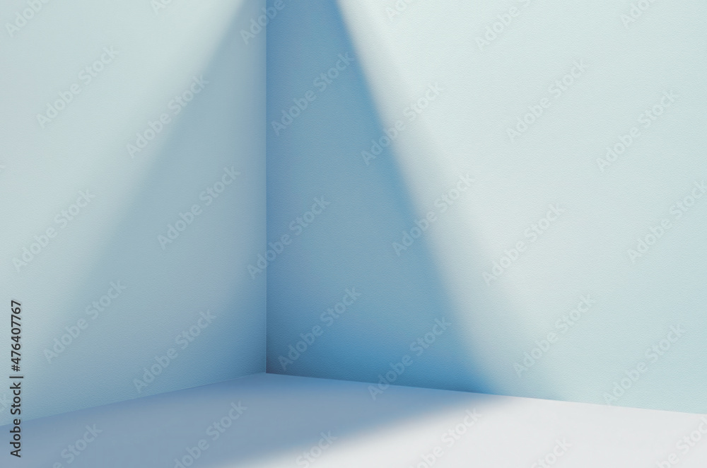 Aufkleber Light soft minimal background mockup for product presentation. Corner of room with shadows from different angles delicate light blue color.