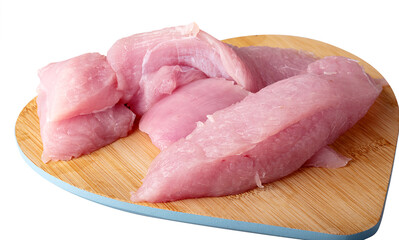 Sliced turkey fillet on a cutting board, isolated on a white background