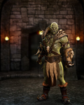 Full length portrait of an Orc fantasy creature standing in aggresive pose in a dark dungeon with torch flames on the wall in the background. 3D rendering.