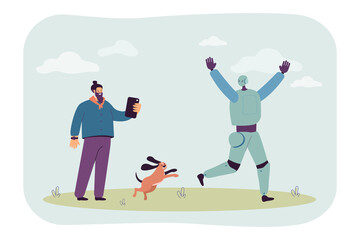 Robot running away from man and dog in fear. Puppy chasing crazy android flat vector illustration. Artificial intelligence, tech error, mistake concept for banner, website design or landing web page