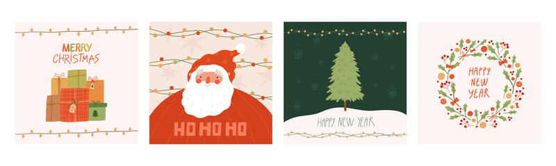 Merry Christmas and Happy New Year greeting cards set. Cute santa claus, gift boxes, tree, wreath and hand drawn lettering.Vector cartoon flat illustration.