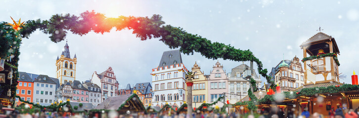 Panorama of Trier christmas market in the snow - European Christmas market - obrazy, fototapety, plakaty