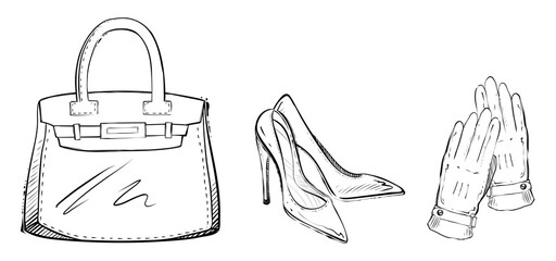 Set of woman accessories, shoes, bag and gloves, monochrome vector illustration