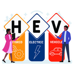 HEV - Hybrid Electric Vehicle acronym. business concept background.  vector illustration concept with keywords and icons. lettering illustration with icons for web banner, flyer, landing 