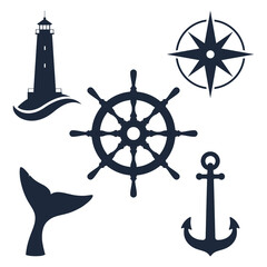 Marine travel topic graphic set symbols. Nautical signs isolated on white background. Vector illustration © archivector