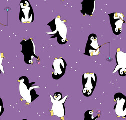 Seamless pattern with penguins on violet background. Perfect for wrapping paper, wallpaper, repeating elements, vintage design, notebook cover, fabric clothes design