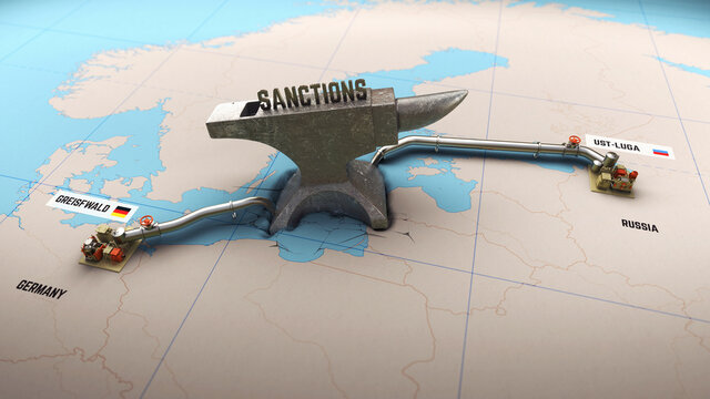 3D render of concept shot the sanctions against Nord Stream 2. Visualization of the construction of a gas pipe between Europe Germany and Russia, and a falling anvil with the word sanctions