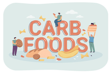 Tiny persons with unhealthy diet and carb foods sign. Delicious wheat food, snacks or junk flat vector illustration. Food, nutrition, health concept for banner, website design or landing web page