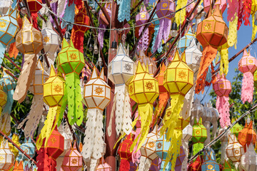 Naklejka premium colorful hanging lanterns lighting in loy krathong and new year festival at northern of thailand