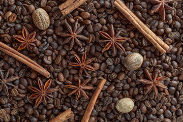Cinnamon sticks, star anise and nutmeg on coffee beans
