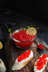 Red caviar on a dark background. Sandwiches with caviar