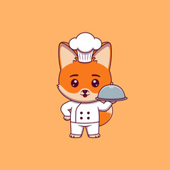Cute fox chef holding restaurant cloche