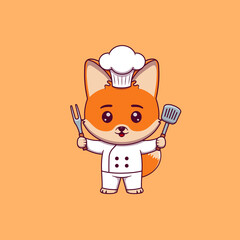 Cute fox chef holding spatula and barbecue fork