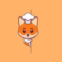 Cute fox chef peeking out behind blank sign