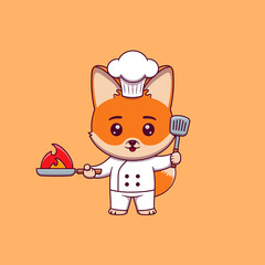 Cute fox chef holding spatula and Burning Frying Pan