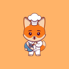 Cute fox chef with whisk and mixing bowl