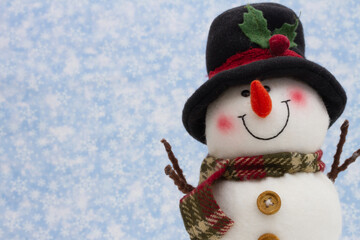 Happy snowman with hat with snowy sky