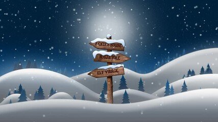 Wooden sign post at North Pole. Snow falling over the fields. Winter holidays. Merry Christmas and Happy new year  - Powered by Adobe
