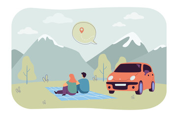 Tourists travelling by car sitting on plaid and looking at mountains. Couple having romantic date outdoor flat vector illustration. Travel concept for banner, website design or landing web page