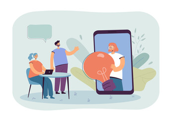 Woman proposing idea from phone screen to tiny business people. Girl holding light bulb flat vector illustration. Solution, startup, advice concept for banner, website design or landing web page