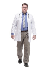 serious doctor in a white coat striding forward.