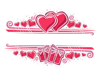 Vector Border for Valentine's Day with copy space, horizontal template with illustration of pair contour hearts, two cartoon gift boxes and decorative stripes for valentines day on white background