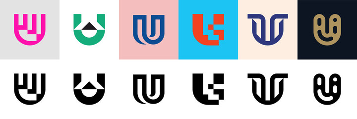 Abstract logos collection with letter U. Geometric abstract logos. Icon design 