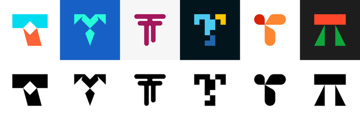 Abstract logos collection with letter T. Geometric abstract logos. Icon design 