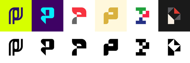Abstract logos collection with letter P. Geometric abstract logos. Icon design 