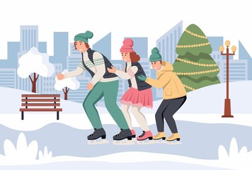 The family is skating at the ice rink. Dad, mom and son have fun in winter. Flat vector illustration