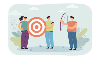 Man with bow in hands in front of people holding shooting mark. Male character aiming at target flat vector illustration. Goal achievement concept for banner, website design or landing web page