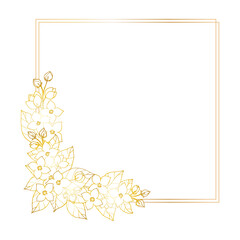 Template for wedding invitations, marriage, postcards. Border frame with a bouquet of flowering jasmine, mock-orange branches. Gold gradient on a white background. Place for your text.