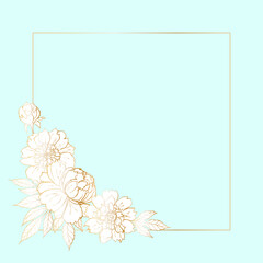 Template for wedding invitations, marriage, postcards. Border frame with a bouquet of peonies flowers. Gold gradient on a blue background. Place for your text.
